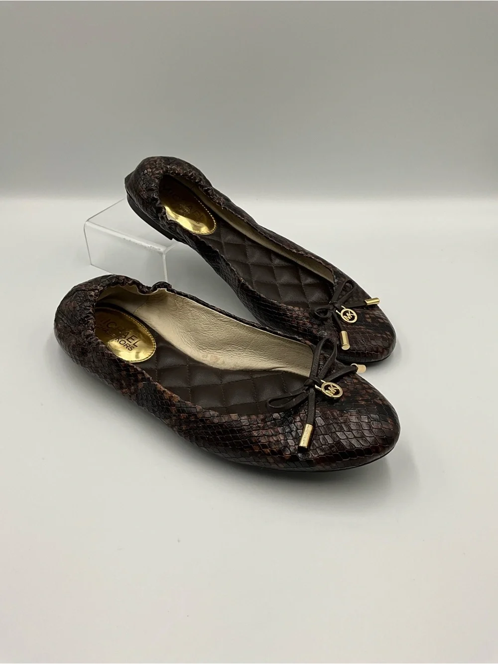 Michael Kors Flats Size 6.5 Brown Snakeskin-Print Ballet Flats with Gold Logo